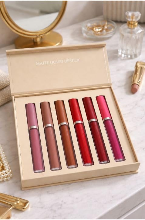 B INIK Matte Liquid Lipstick Set, 6 Piece Collection with Pink Nude Brown Red Shades in Gift Box