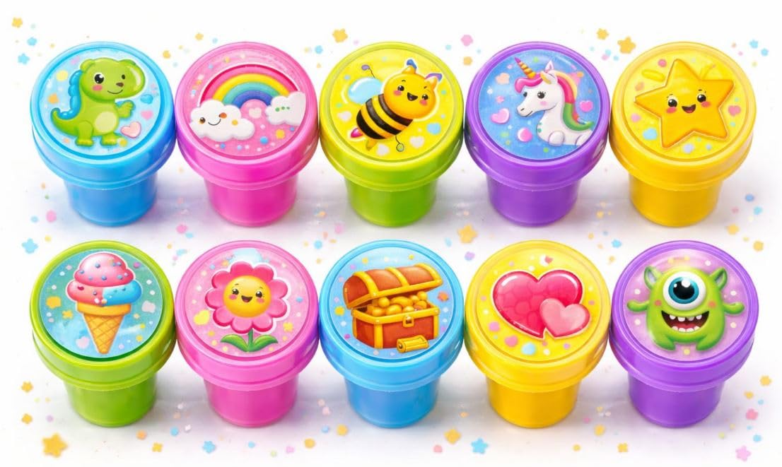 B INIK Self-Inking Stamps for Kids, Colourful Character Designs, 10 Pcs, Dinosaur, Rainbow, Bee, Unicorn, Star, Smily, Numbers, Frozen Theme (RANDOM DESIGN)