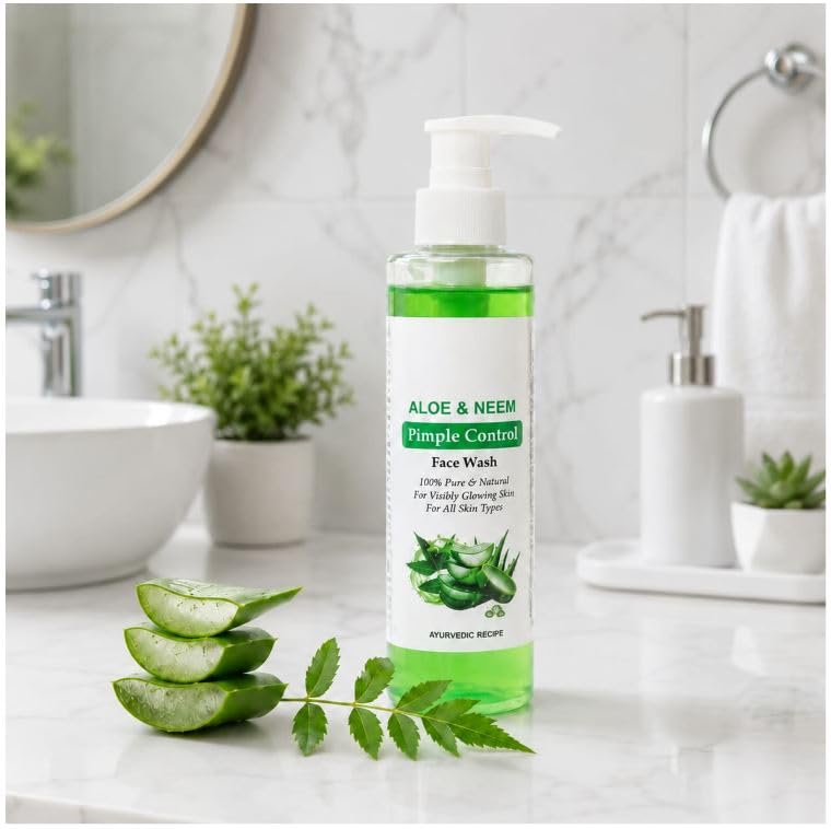 B INIK Aloe & Neem Pimple Control Face Wash, Gel Form, 200ml, for All Skin Types, Paraben Free, Ayurvedic Recipe