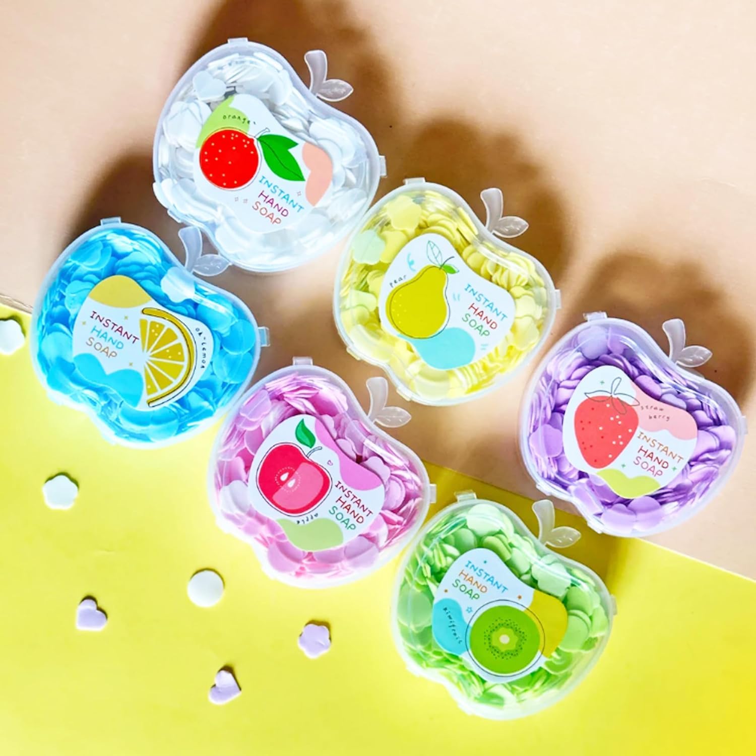 B INIK Portable Paper Soap Sheets, Fruit Shaped Containers 6 Pack, Travel Hand Washing