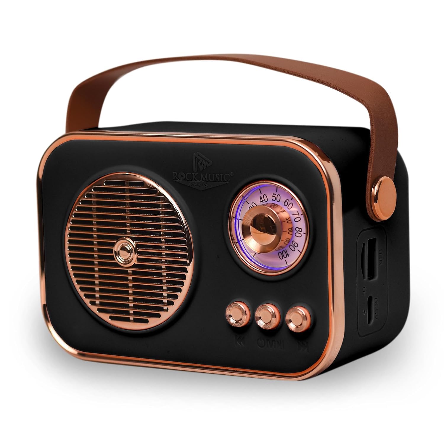 B INIK Retro Bluetooth Speaker, Black with Rose Gold Finish, Portable, Vintage Style, Leather Handle, Battery Powered