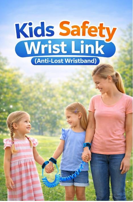 B INIK Kids Safety Wrist Link Anti-Lost Wristband, Adjustable Padded Cuffs, 150 cm Stretchable Coiled Cable