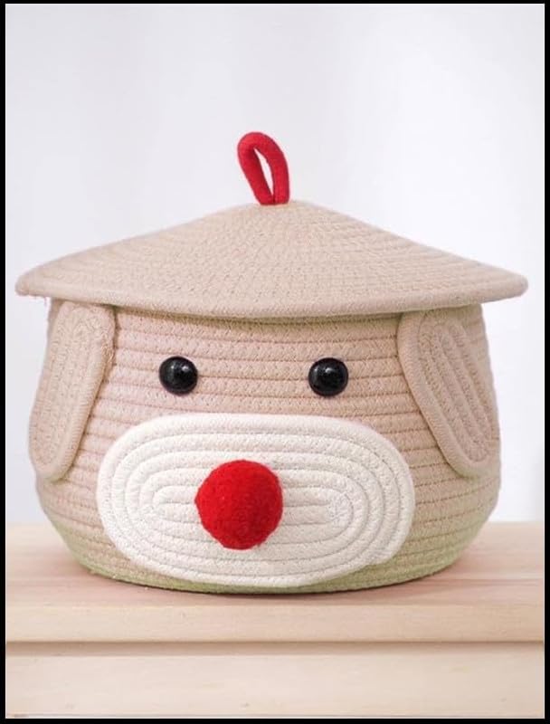 Hamza Textiles Multi-Purpose Cute Jute Basket with Lid Storage Baskets for Bathroom Living Room & Kitchen Organiser Box Vanity Box First Aid Box (Color White & Beige)