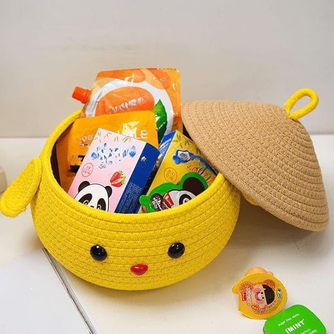 Hamza Textiles Multi-Purpose Cute Jute Basket with Lid Storage Baskets for Bathroom Living Room & Kitchen Organiser Box Vanity Box First Aid Box (Color White & Beige)