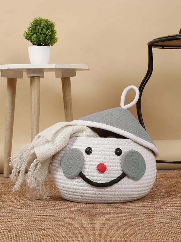 Hamza Textiles Multi-Purpose Cute Jute Basket with Lid Storage Baskets for Bathroom Living Room & Kitchen Organiser Box Vanity Box First Aid Box (Color White & Beige)