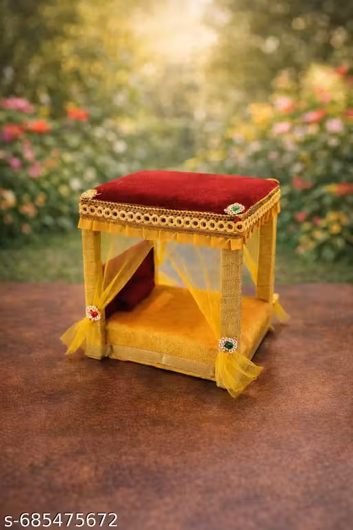 NEW LATEST ATTRACTIVE BED/SIHASAN FOR BHAGWAN JI/KANHA JI/LADDO GOPAL JI/SHANKAR BHAGWAN JI - SIZE 0-3 NUMBER KANHA JI BY SIKRI COLLECTION (YELLOW MEHROON) VELVET C