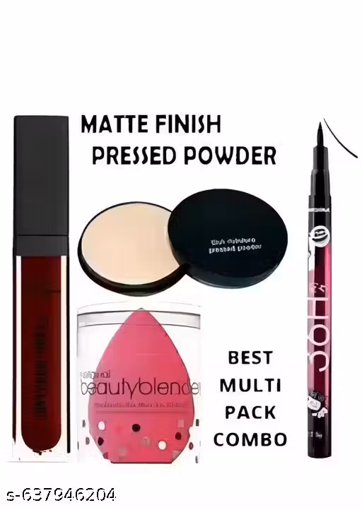 Combo Pack of Makeup Compact,Matte Me Mahroon,Makeup Puff & 36H Eyeliner (Pack of 4pcs)
