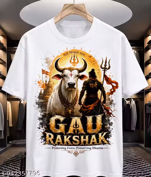 Gow Rakshak White Half Sleeve Printed Tshirt For Men And Women