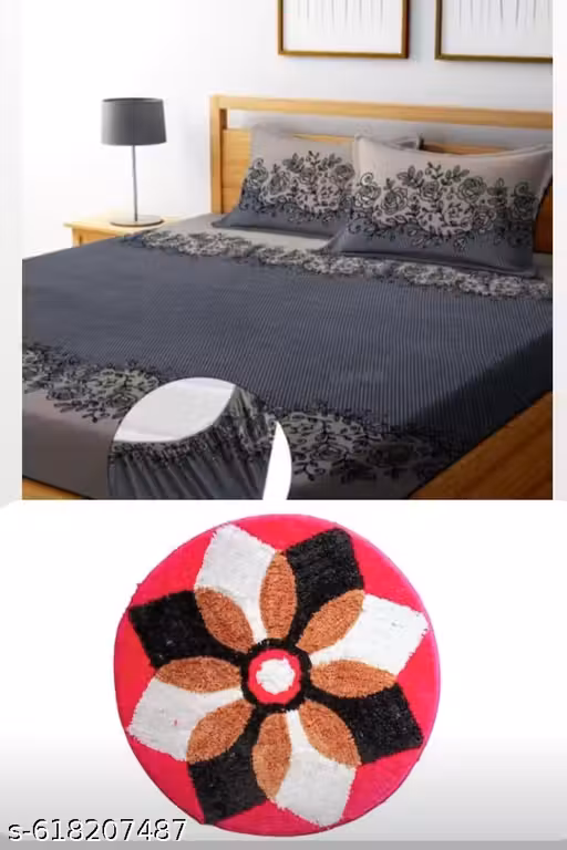 Double bedsheet with rangoli mat ( bedsheet size ;78*72 inchs ) with rangoli mat size ( 23*23 inch) . best quality and best price (NEW DESING)