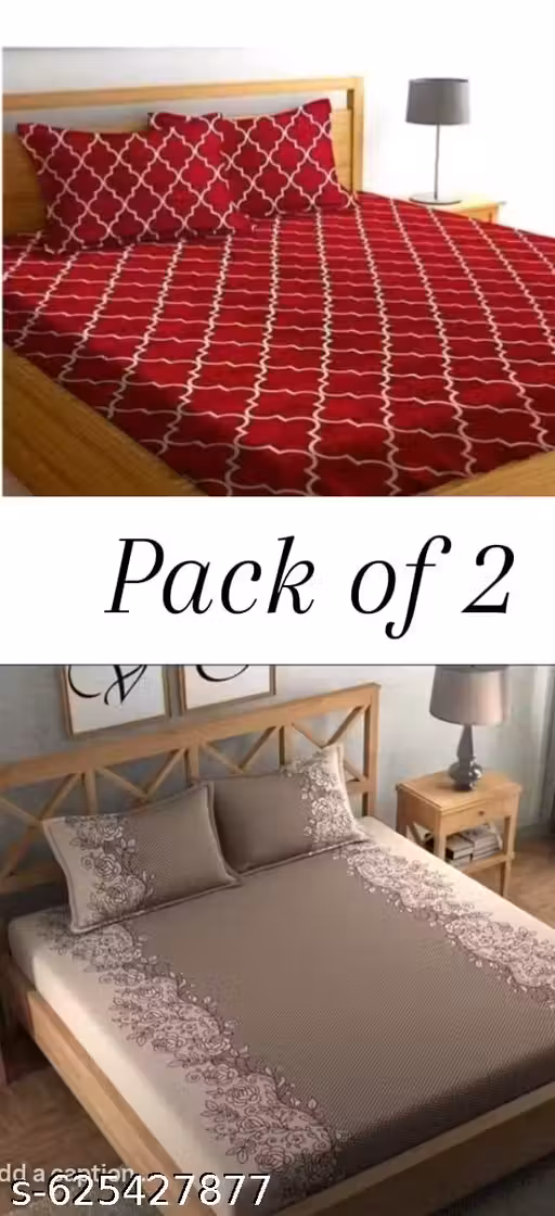 PACK OF 2 DOUBLE FITTED BEDSHEET Super Soft Glace COTTON ALL ROUND EL;ASTIC FITTED DOUBLE BED BEDSHEET WITH 4 PILLOW COVERS BEDSHEET SIZE (78*72 INCHS ). PACK OF 2 NEW DESING .