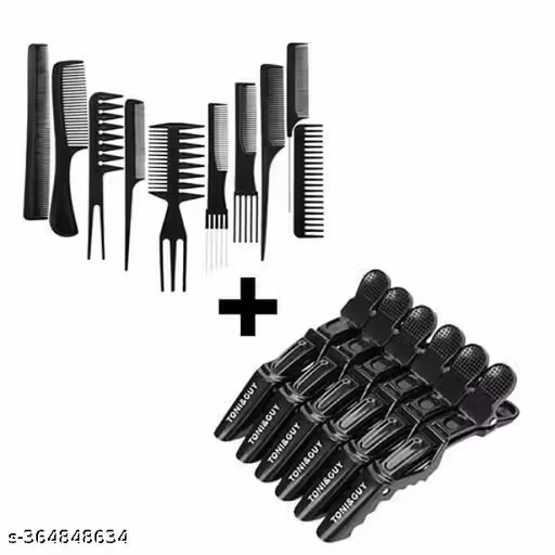 ASREET Set of 10 Pcs Multipurpose Salon Hair Styling Hairdressing Barber Combs Professional Comb Kit with Hair Styling Section Clips (6 Pieces ) Black color Plastic Ideal for Women / Girls