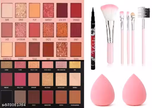 ASREET Rose gold eyeshadow with nudee eyeshadow with 5pcs brush with 2 puff with 36h eyeliner (10 items in the set)