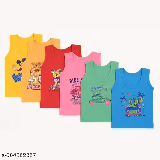 Coloured Junior Regular Fit Cotton Printed Sleevless Baniyan/Vest/Sando Innerwear for Kids/Boys Pack of 6