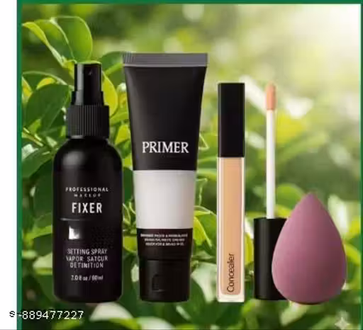 Professional Face Primer Makeup Kit with Fixer Spray, Liquid Concealer & Makeup Blender