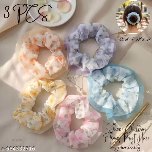 PACK OF 3 PCS RANDOM Floral Organza Scrunchies for Women | Sheer Chiffon Flower Print Hair Bands | Pastel Ruffle Net Fabric Hair Ties for Girls & Women Hair Accessories