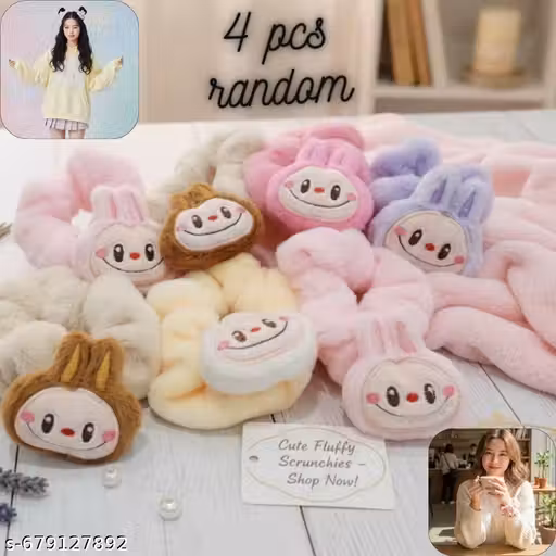 PACK OF 4 PCS LABUBU RUBBER Cute Bunny Rabbit Plush Scrunchies for Women & Girls - Soft Furry Hair Ties, Elastic Ponytail Holder, Hair Accessories for Daily Wear, Gifting & Parties