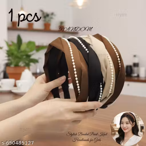 PACK OF 1 PCS RANDOM Fabric Headbands with Elegant Pearl Beading - Comfortable Turban Style Hair Accessories for Women & Girls