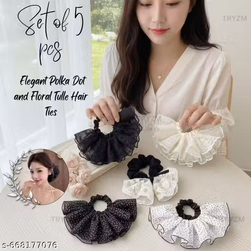 SET OF 5 PCS Lace and Mesh Scrunchie Set - Elegant Floral & Polka Dot Tulle Hair Ties for Women, Stylish Ruffle Hair Accessories for Girls and Daily Wear
