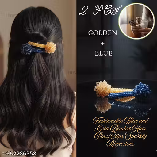 PACK OF 2 PCS Fashionable Blue and Gold Beaded Hair Pins/Clips, Sparkly Rhinestone Hair Accessories for Girls and Ladies, Non-Slip French Clip Style