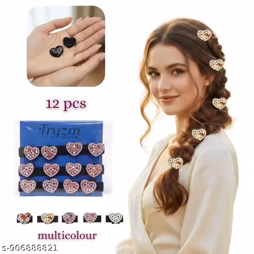 PACK OF 12 PCS RANDOM Rhinestone Hair Clips Pack Of 12pcs | Bridal Hair Accessories | Crrystal Heart Hair Pins | Fancy Hair Clips for Women & Girls | Party & Wedding Hair Jewellery