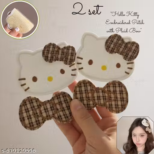 PACK OF 2 SET HELLO KITY Bow Hair Patch Hello Kitty Embroidered Hair Patches with Plaid Bow - Aesthetic Hair Grips for hair accesories for Girls & Women