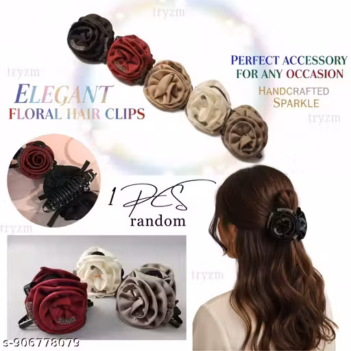 PACK OF 1 PCS RANDOM Satin Rose Hair Claw Clip for Women Rose Flower Nonslip Jaw Clips Floral High Ponytail Hold Strong Clamps Thick Thin Hairpins for Hair Styling Shark Clip Hair