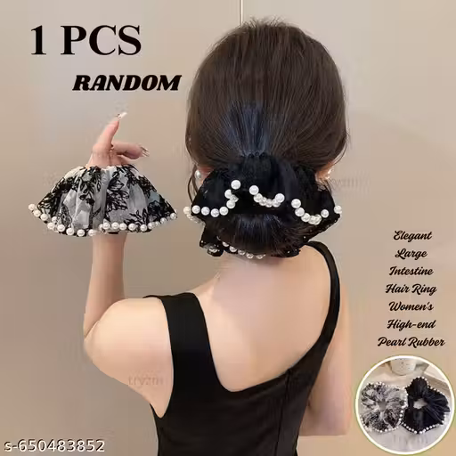 PACK OF 1 PCS RANDOM Hair Scrunchies Pearls Hair Scrunchy Elastic Hairpieces Thick Bun Hair Rope Lady Hair Woman & Girl