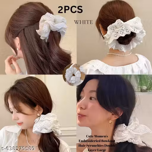 PACK OF 2 PCS Cute Women's Embroideried Bowknot Hair Scrunchies Double Layer Large Elastic Hair Bobbles For Thick And Straight Hair Large