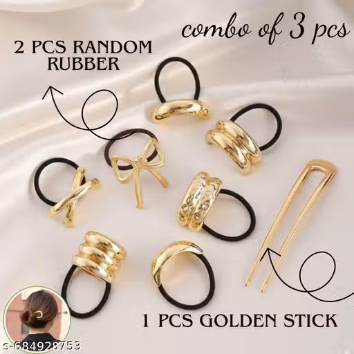 COMBO OF 3 PCS (GOLDEN METAL RUBBER +1 PCS GOLDEN STICK ) old Metal Hair Tie for Women, Metal Elastic Ponytail Ties, Women Hair Accessories