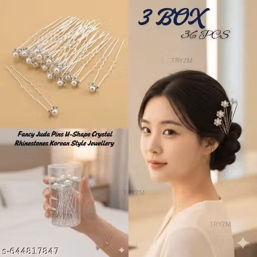 PACK OF 3 BOX (36 PCS ) Hair Bun Fancy Juda Pins U-Shape Crystal Rhinestones Korean Style Jewellery, Wedding, Anniversary Hairpins Hair Accessories for Women & Girls - Silver