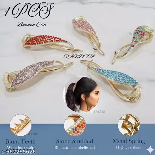 PACK OF 1 PCS RANDOM Banana Clip Metal Hair Clips Rhinestone French Barrette Korean Hair Stone Fancy Hair Clips For Women Stylish