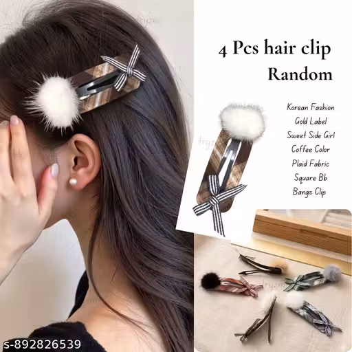 PACK OF 4 PCS RANDOM Plaid Fabric Hair Clips with Soft Fur Pom Poms and Bows - Trendy Hair Barrettes for Kids