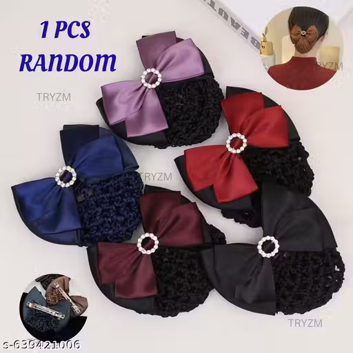 PACK OF 1 PCS RANDOM NETBOW Satin Bow Barrette Bowknot Snood Net Hair Clip Bun Cover Hairnet Bowknot Decor French Hair Clip Women Ladies Girls Hair