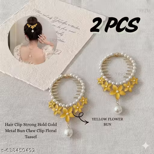 PACK OF 2 PCS YELLOW FLOWER BUN Hair Clips For Girls Gold Plated Floral Pearl Drop Design Hair Accessories Clips For Women Girls Love Gifts Women Jewellery