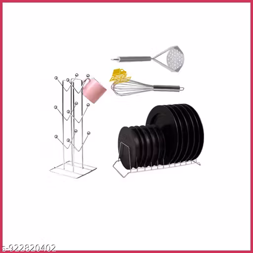 Stainless Steel Kitchen Organizer Set – CUP Stand, Plate Rack, Whisk & Potato Masher Combo | Rust-Resistant Space-Saving Kitchen Storage Set PACK OF 4