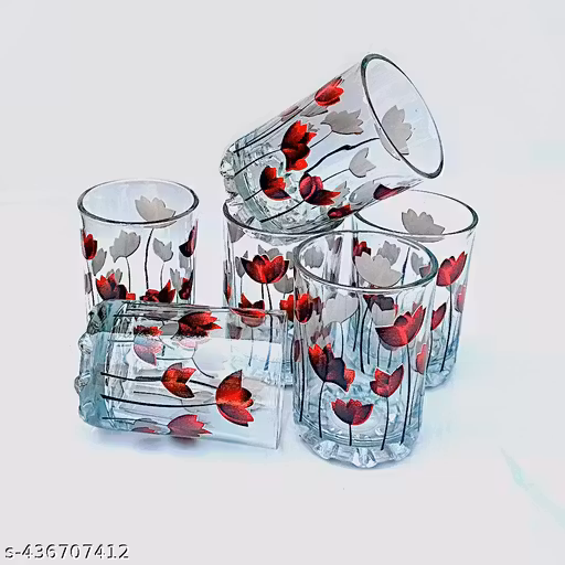 Elegant Everyday Use Printed Water and Juice Glasses – Stylish & Durable Drinkware | Trendy Printed Water and Juice Glass Set - Pack of 6 Stylish Tumblers | printed glass set | water and juice glasses | pack of 6 tumblers | floral glass set | red and whit