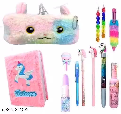NEW TRENDING UNICON COMBO PEN,PENCILS,FUR PENCIL CASE,FUR DIARY,FUR PEN,HIGHLITER ,ERAZER FOR BIRTHDAY RETUN GIFT PACK OF 12 ITEMS