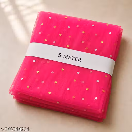 Tikli Net Fabric 5 Meter Rani Pink | Sequin Chunni Net | Gift Hamper Wrapping | Wedding Shaadi Decoration | Trousseau Packing | Net Dupatta