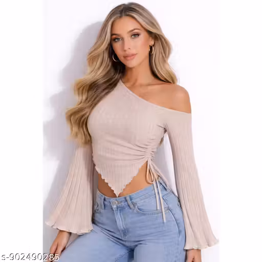 Elegant Beige One Shoulder Top for Women | Soft Ribbed Casual Wear Stylish Top
