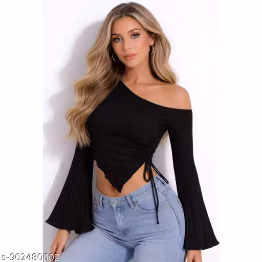 Trendy Black One Shoulder Crop Top for Women | Slim Fit Ribbed Party Wear Top