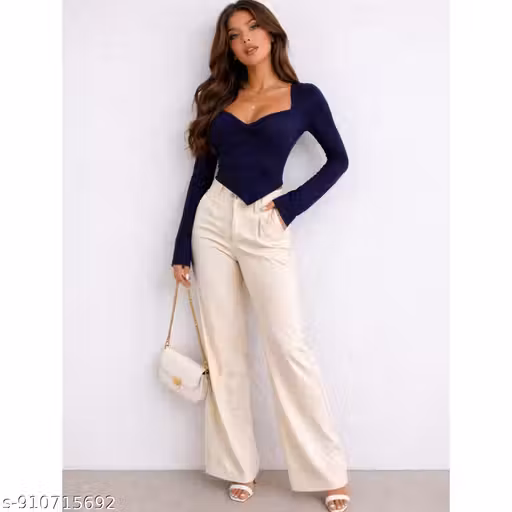 Trendy Women Navy Blue Sweetheart Neck Crop Top | Full Sleeve Stylish Fitted Top