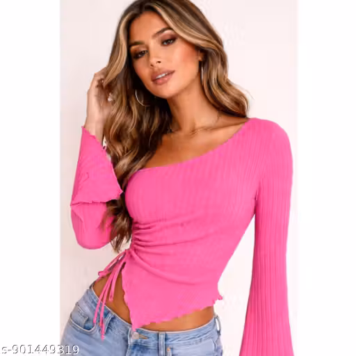 Women Stylish One Shoulder Ribbed Top | Trendy Pink Asymmetrical Crop Top | Full Sleeve Flared Top for Girls