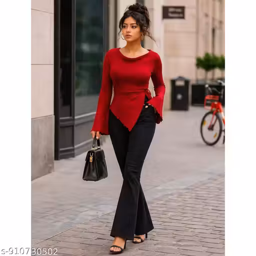 Women Solid Red Ribbed Wrap Top | Full Sleeve Stylish Crop Top | Stretchable Slim Fit Party Wear Top for Girls