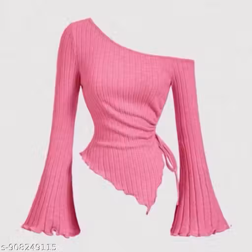 Women Stylish One Shoulder Ribbed Top | Trendy Pink Asymmetrical Crop Top | Full Sleeve Flared Top for Girls
