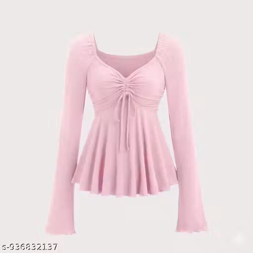 Women Ribbed Peplum Top for Women | Stylish Front Ruched Tie-Up Top | Full Sleeve Square Neck Korean Style Top for Girls top for women western top women stylish girls top viral top for women cute tops for girls aesthetic clothing women fashion tops online