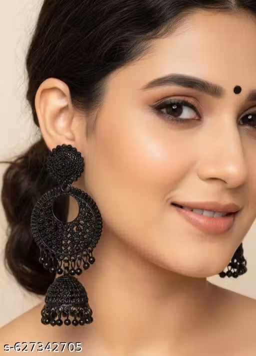 Black Oxidized Jhumki Earrings for Women | Traditional Ethnic German Silver Jhumka | Heavy Designer Round Cutwork Party Wear & Wedding Jewellery