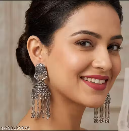 Silver Oxidised Plated Long Jhumka Earrings for Women & Girls | Traditional Ethnic Heavy Designer Chandbali Style Earrings