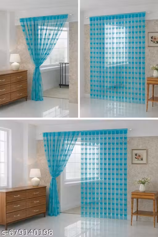 Blue heart curtains Net string curtain for bedroom heart shape door curtain Romantic home decor sheer net window curtain Valentin's Day decoration items Door Polyester Semi Transparent Curtain Single Curtain (Blue, Self Design)
