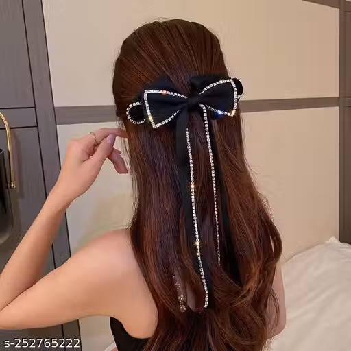 Black Korean elegant rhinestone long chain bow clip