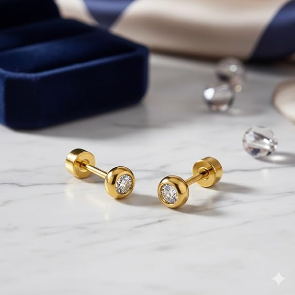 Gold Plated Screw Back Stud Earrings for Men & Women, Smooth Finish Shiny Golden Round Ear Piercing Studs, Anti-Tarnish